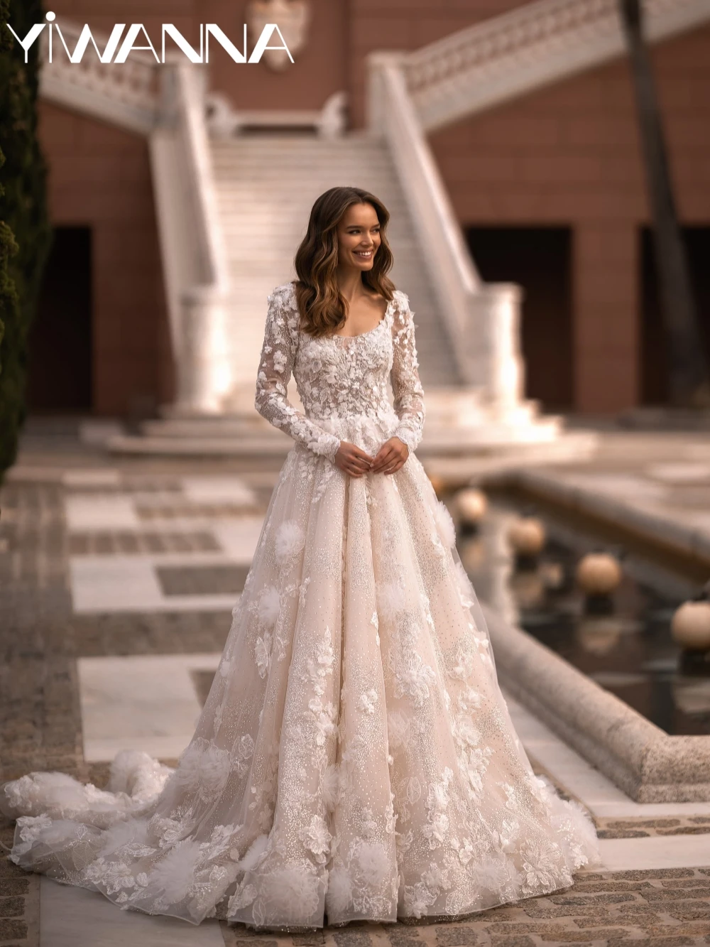 

Glitter Hand-made Beaded 3D Flower Wedding Dress Dreamy Oneck A-line Long Bridal Gown Customized Exquisite Dresses For Bride