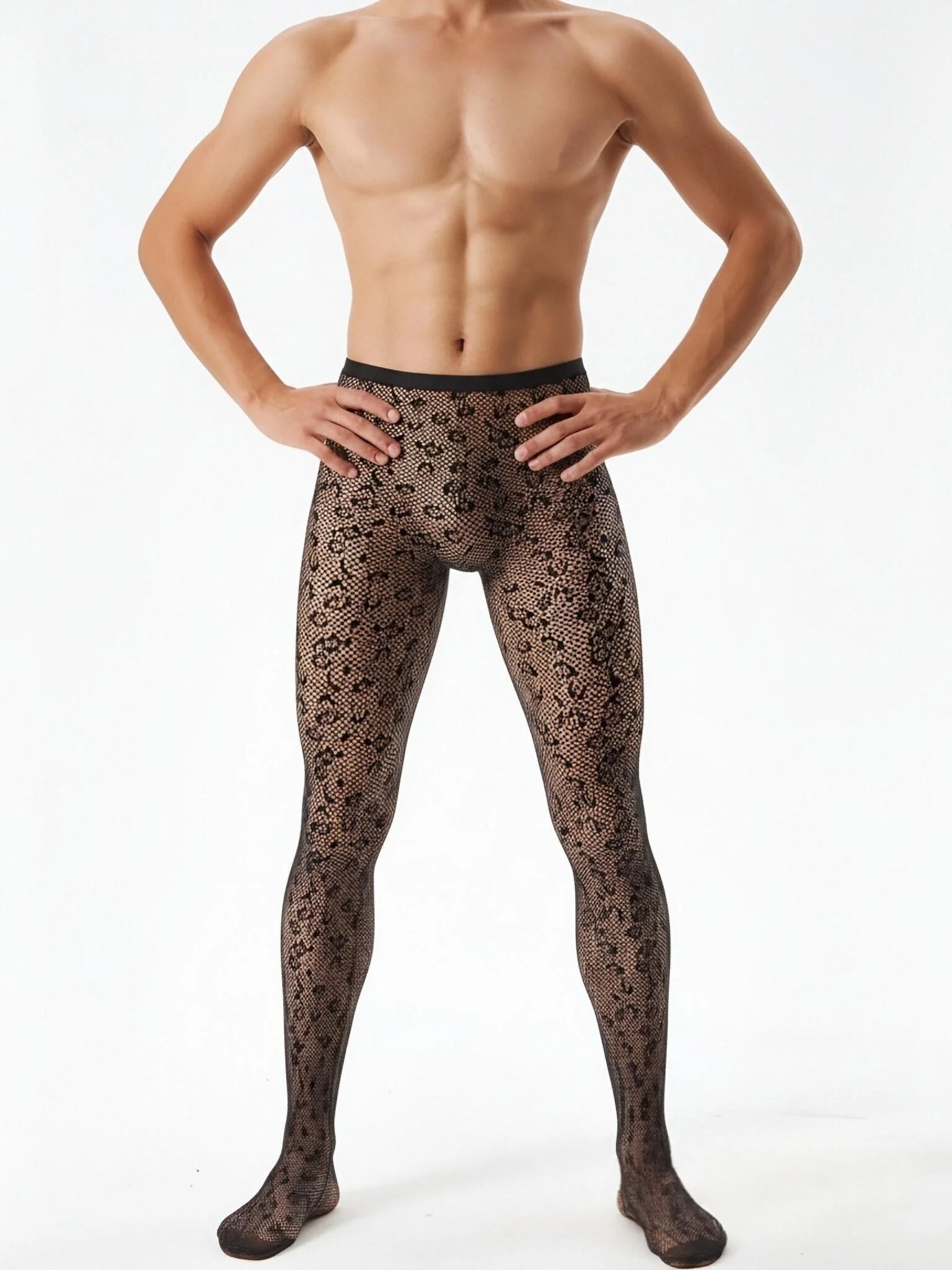 Men Fishnet Tights Bow Star Floral Pattern Mesh Pantyhose Stretch See Through Full Length Hosiery Male Club Party intimate view 6
