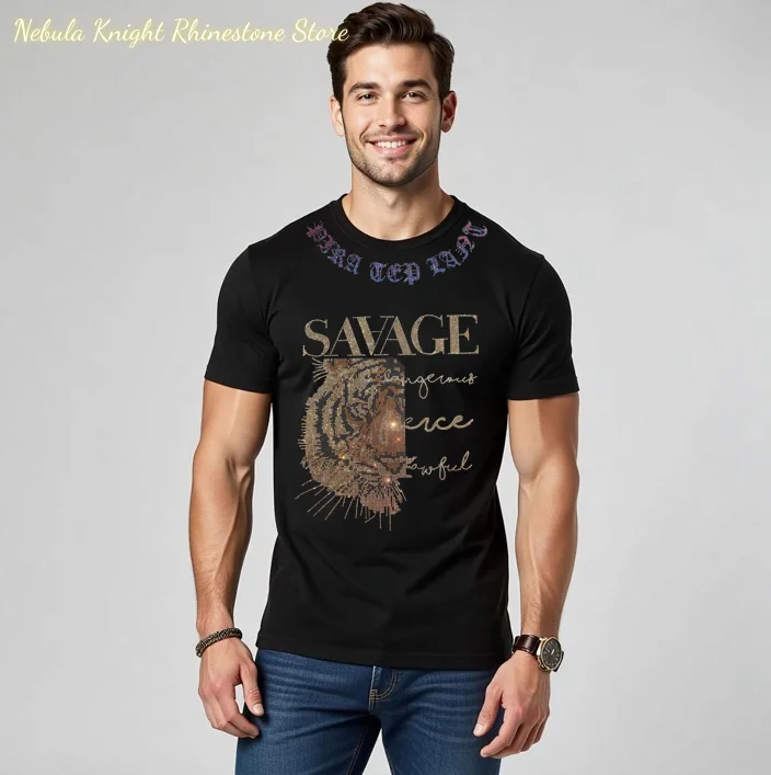 Luxury Crystal Rhinestone Mens T Shirt Pure Cotton O-Neck Short Sleeve Summer Street Style Soft Comfortable Casual Tops For Men