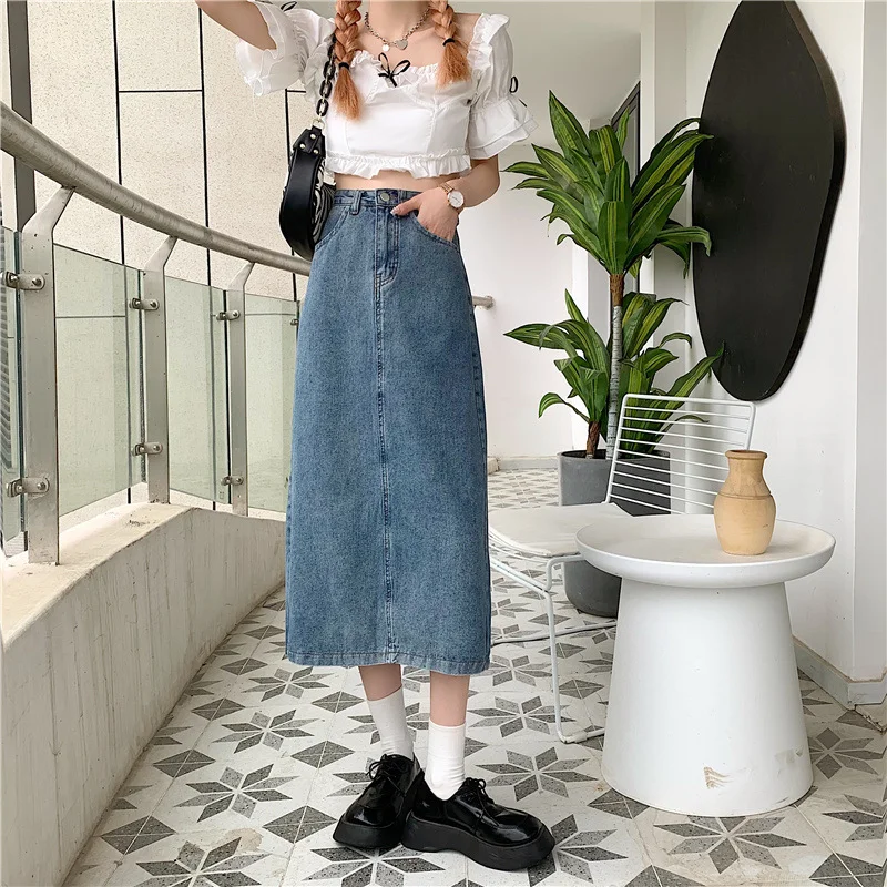 Spring Summer Medium Length Jeans Women Slim Fat Girl High Waist A- crotch Half Skirt Black Retro Blue Dark Blue
