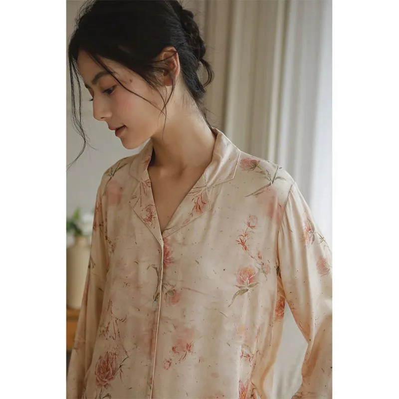 2024 Satin Cardigan Loungewear Rose Print Long-sleeved Home Clothes Turn-down Collar Viscose Silk Pajamas for Women Sleepwear