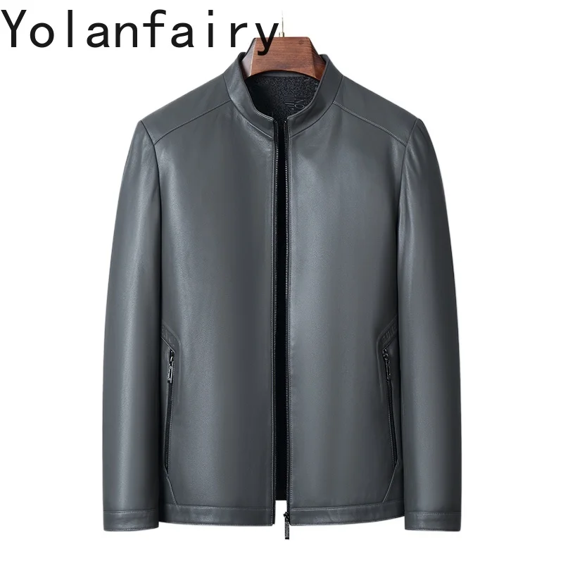 

YOLANFAIRY Top Layer Sheepskin Leather Jacket Men Short Stand Collar 100% Real Leather Coat Thin Casual Men's Leather Jackets