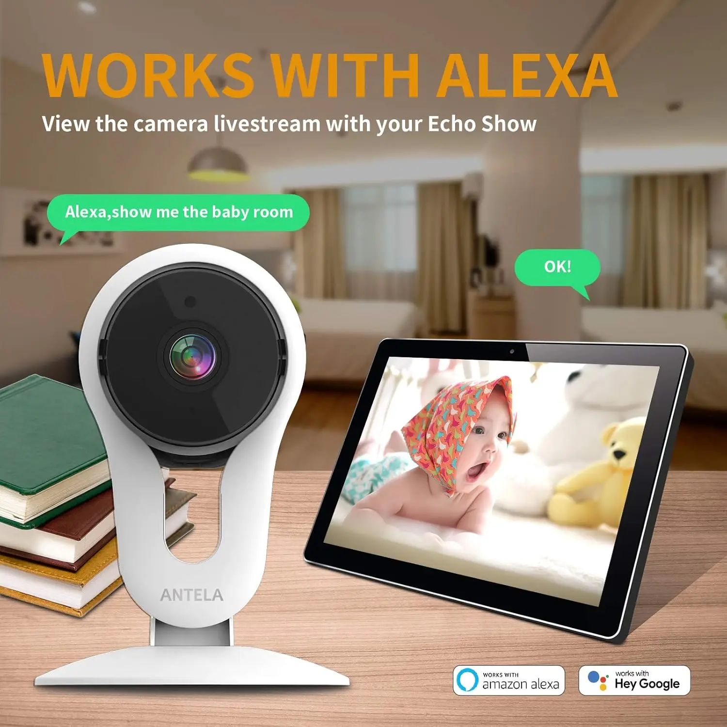 1080P Wi-Fi Camera, Alexa Compatible Fixed Home Security Camera with Motion Detection Sensor, Two-Way Audio, Night Vision