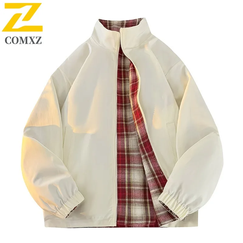 سترة COMXZ للرجال كاجوال بياقة واقفة للسفر في الهواء الطلق، معطف مريح، تصميم ممتاز مزدوج الجوانب، ملابس خريفية خفيفة الوزن