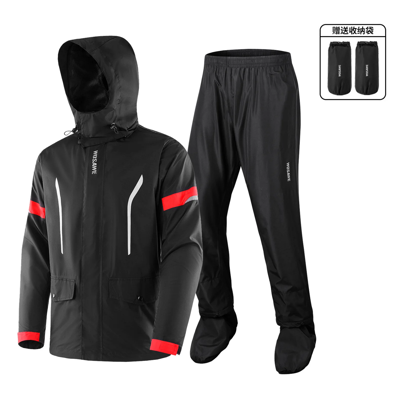 WOSAWE Motorcycle Rain Suit Waterproof Hooded Jacket Rain Pants Set Reflective Packable Moto Rider Gear with Storage Bag