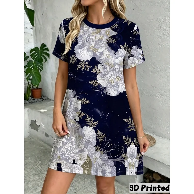 Vestido de estilo vacacional con estampado floral retro en 3D, manga corta, cuello redondo, corte holgado y línea en A. Vestidos de mujer.