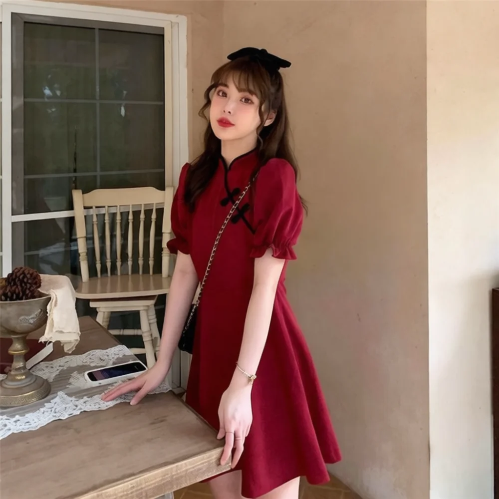 French Tea Break Dress Women Vintage Modified Cheongsam Red Puff Sleeve Slim Fit Midi Dresses Elegant Chinese Style Summer Wear