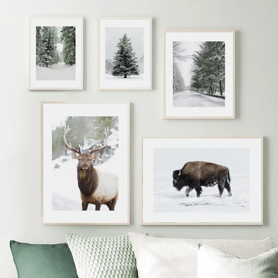 Wall Art Mural Canvas Painting Winter Hill Snow Forest Pine Deer Bison Nordic Posters And Prints Wall Pictures Living Room Decor