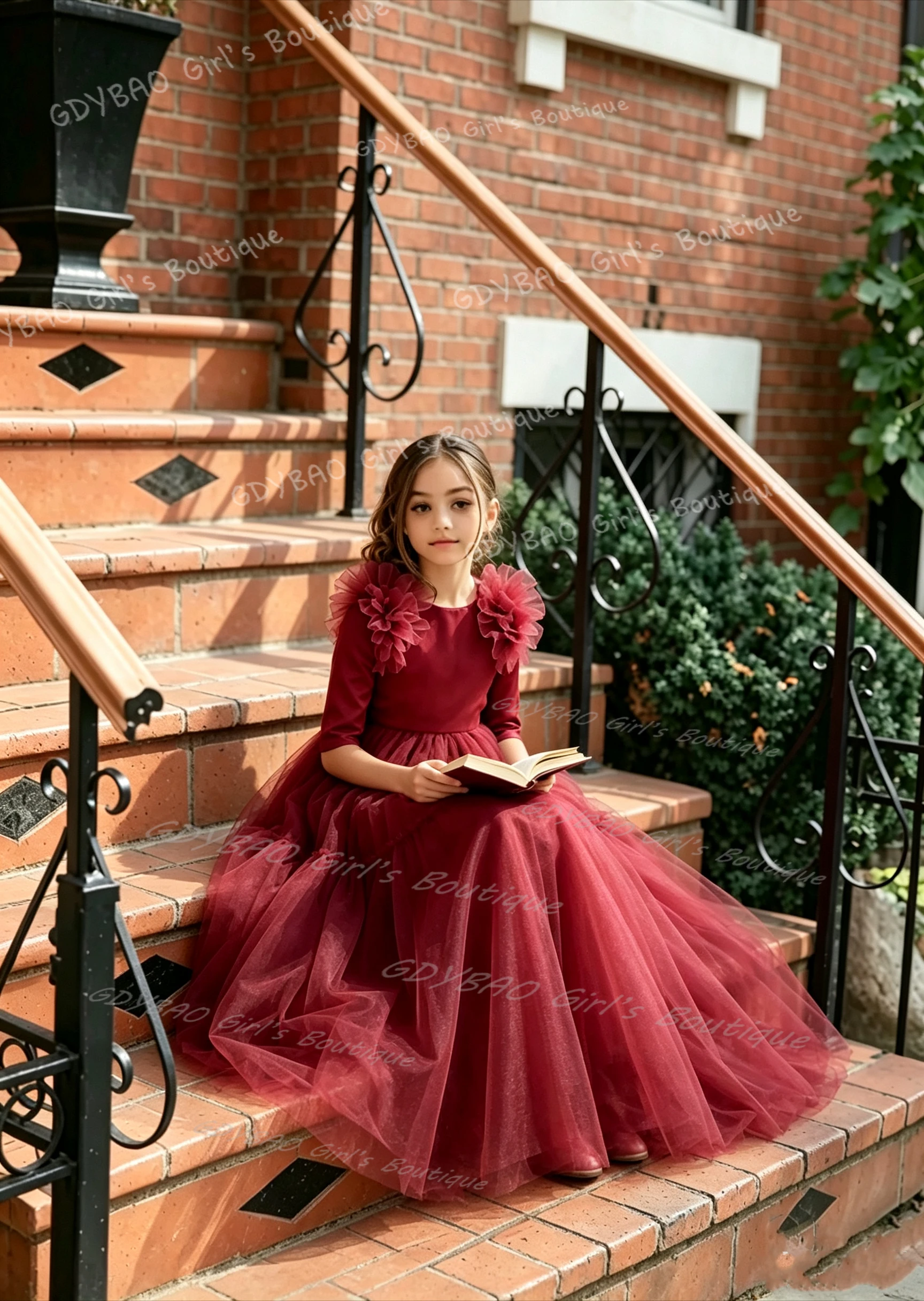 Tulle Flower Girl Dress For Wedding Party half Sleeveless Applique Puffy Floor Length Princess Kids First Communion Ball Gown
