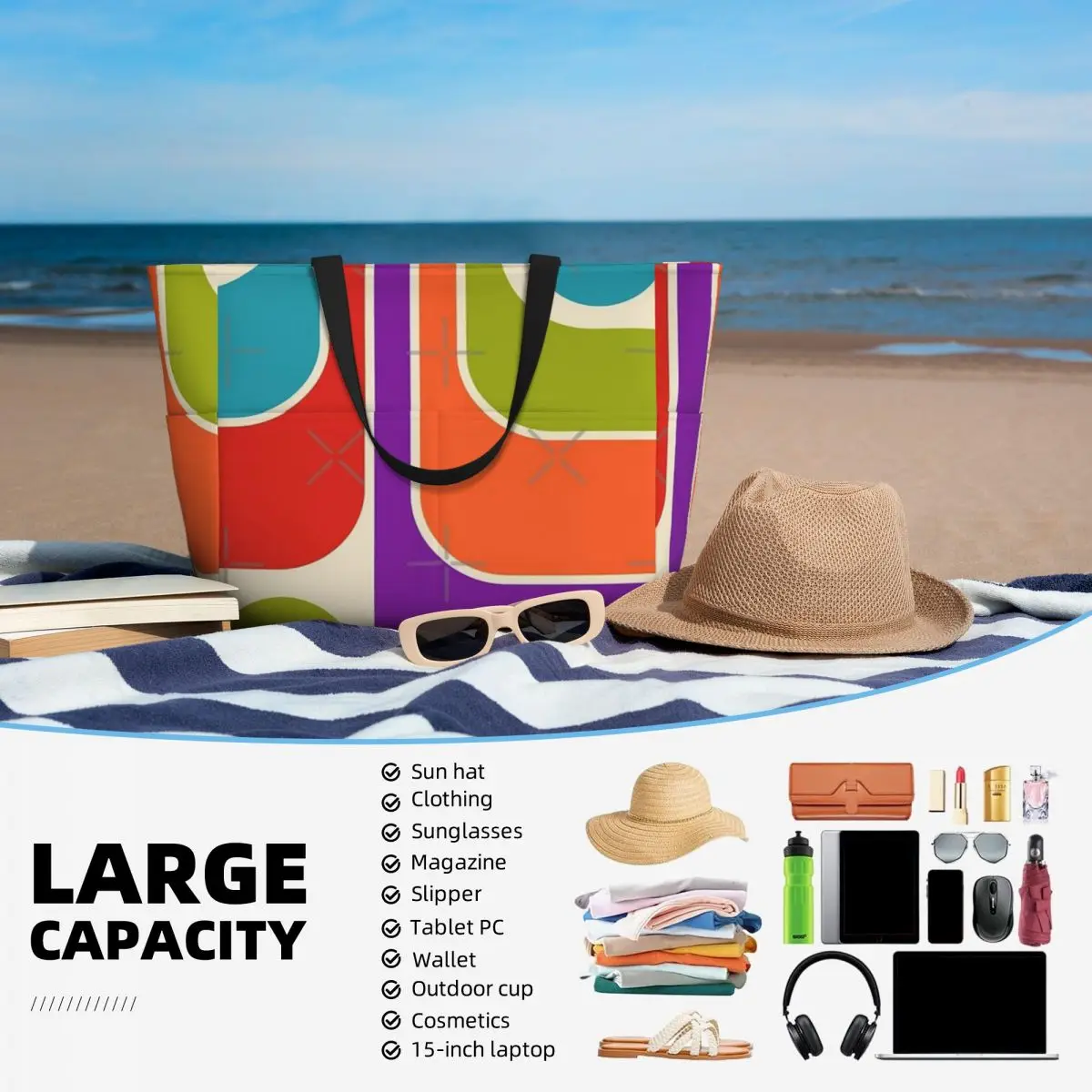 Borsa da viaggio da spiaggia con Design geometrico retrò, borsa a tracolla retrò di grande capacità con motivo Multi-stile