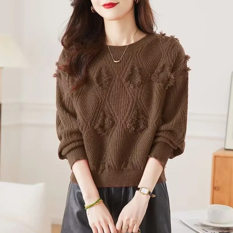 Einfarbiger Rundhalspullover mit Quasten, Herbst- und Winterpullover im Laternenstil, lockeres Oberteil