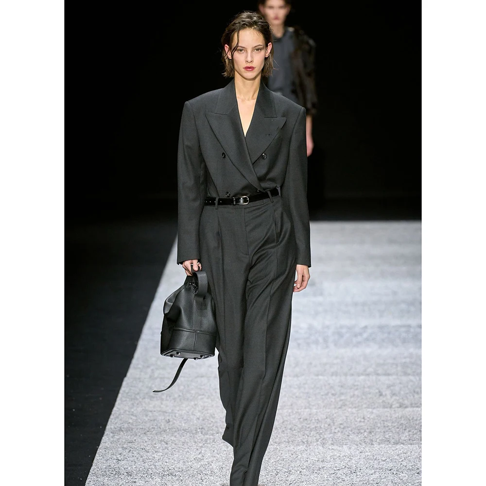 

Minimalist Commuter Women's Charcoal Gray Suit 2 Piece Set Single-Breasted Peak Lapel Slim Fit Office Casual Female Outfits