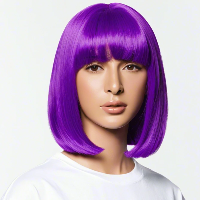 

Ladies Short Straight Bob Wig, 12 Inch Purple Bangs Synthetic Heat Resistant Hair, for Daily Use and Cosplay