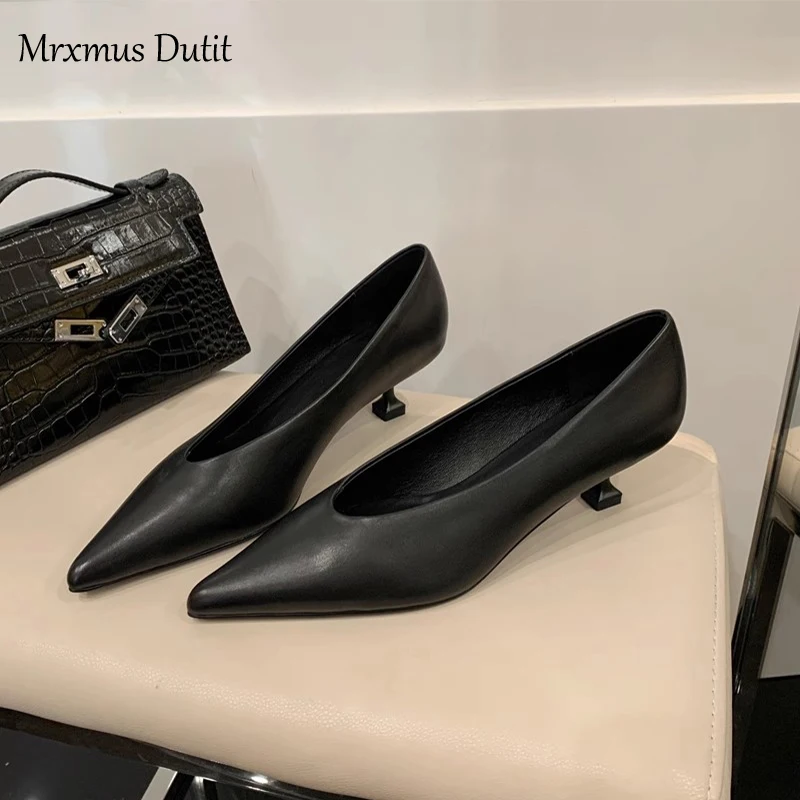 Mrxmus Dutit 2024 New Women England Style Office Lady Fashion Elegant Sheep Slip-On Shoes High Heels Shoes Pointed Toe Shoes