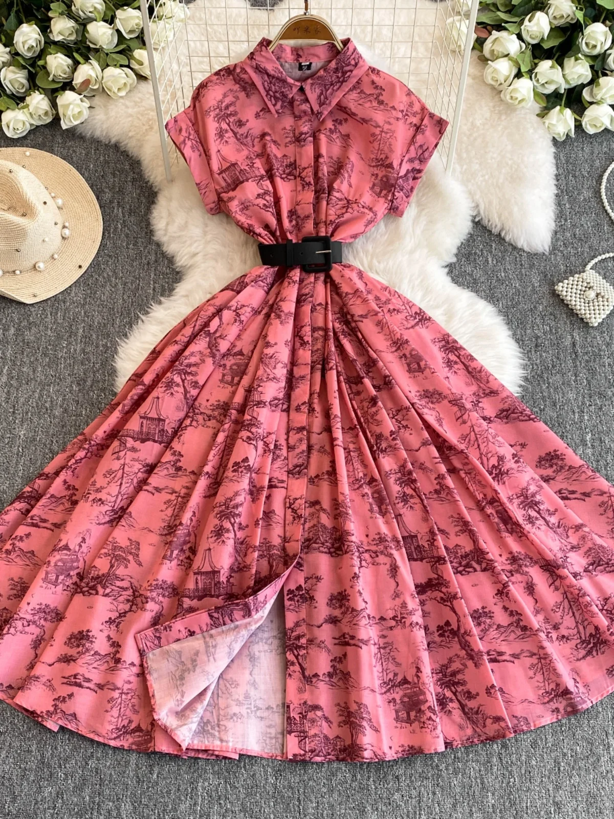 Ele Summer 2025 Stampa floreale Midi Dr Colletto rovesciato ort Sve Abito a trapezio a vita alta Gonna svasata vintage da donna