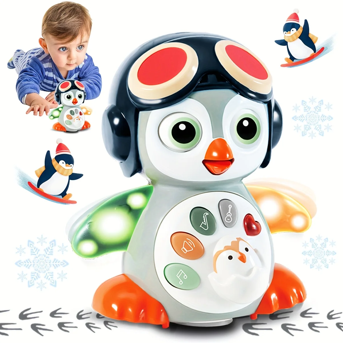 ของเล่นเด็กแบบคลานรูปเพนกวิน 1 ชิ้น, ของเล่นเสริมพัฒนาการสำหรับเด็กเล็กพร้อมเสียงเพลงและแสงไฟ, ของเล่นเรียนรู้แบบมีไฟ, ของเล่นเด็กคลานเต้นรำ