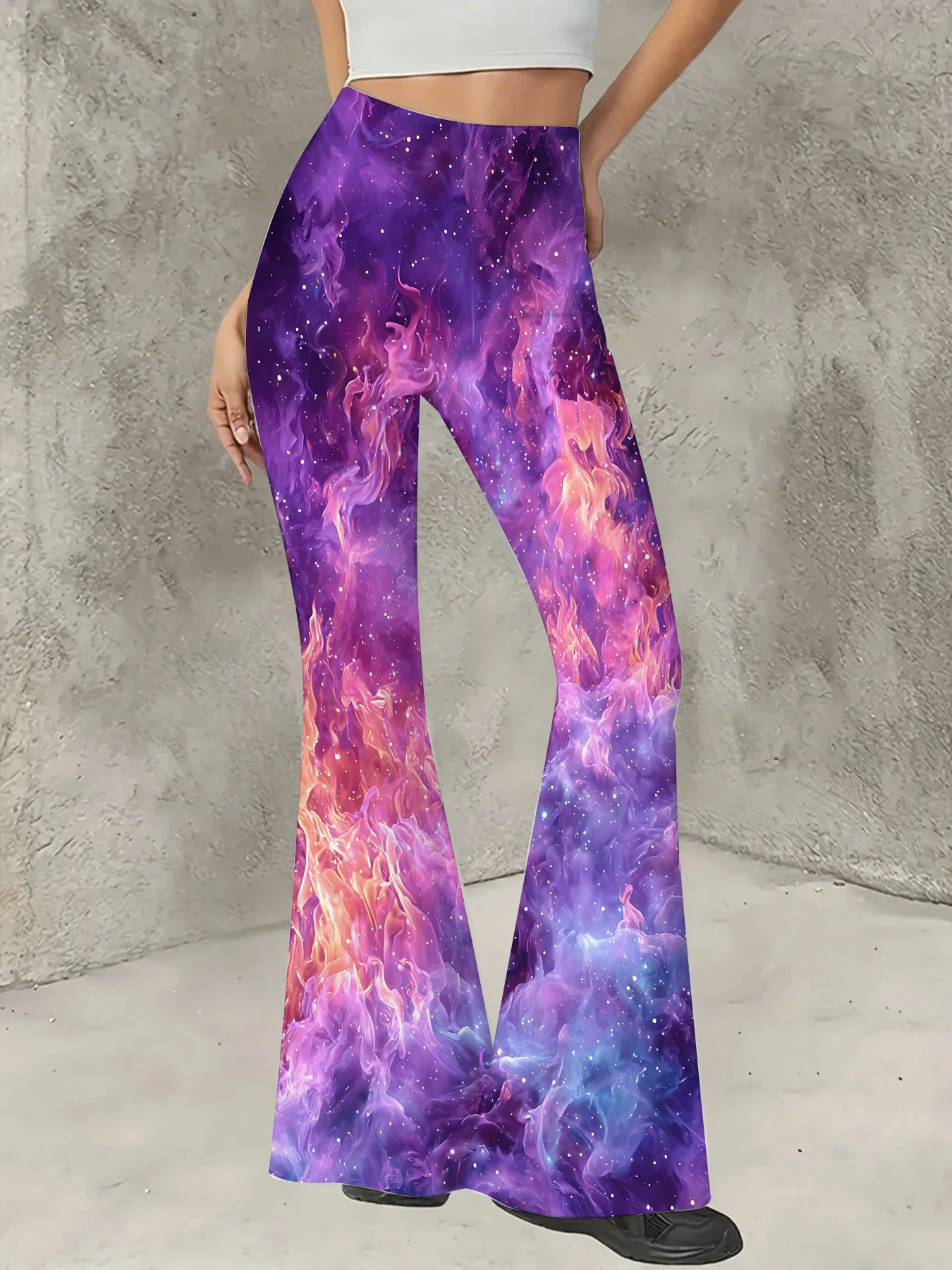 

Women's Boho Printed Flare Pants Vintage Knit High Waist Wide Leg Trousers