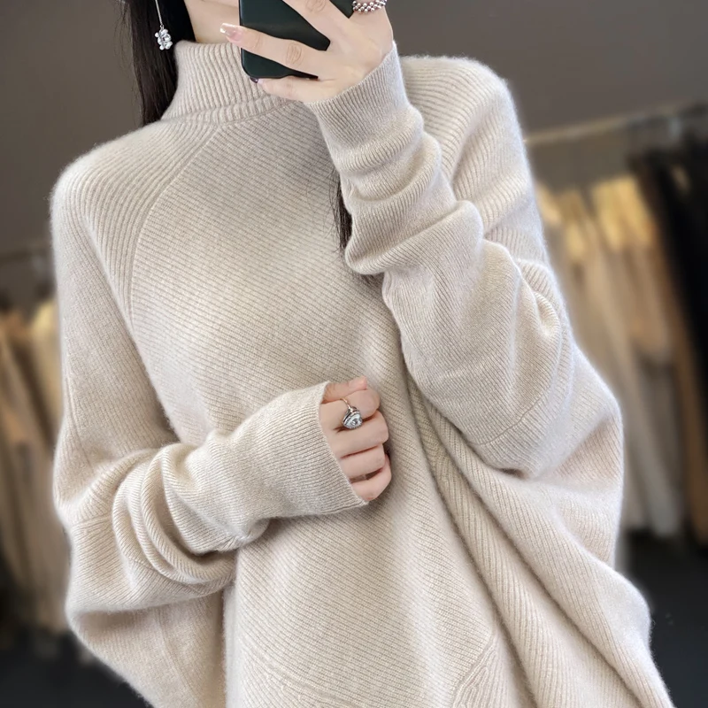 Women\'s 100% Australian Wool Sweater, Casual Knitting, Long Sleeved, Half High Neck, Loose Fitting, Pure Wool, New