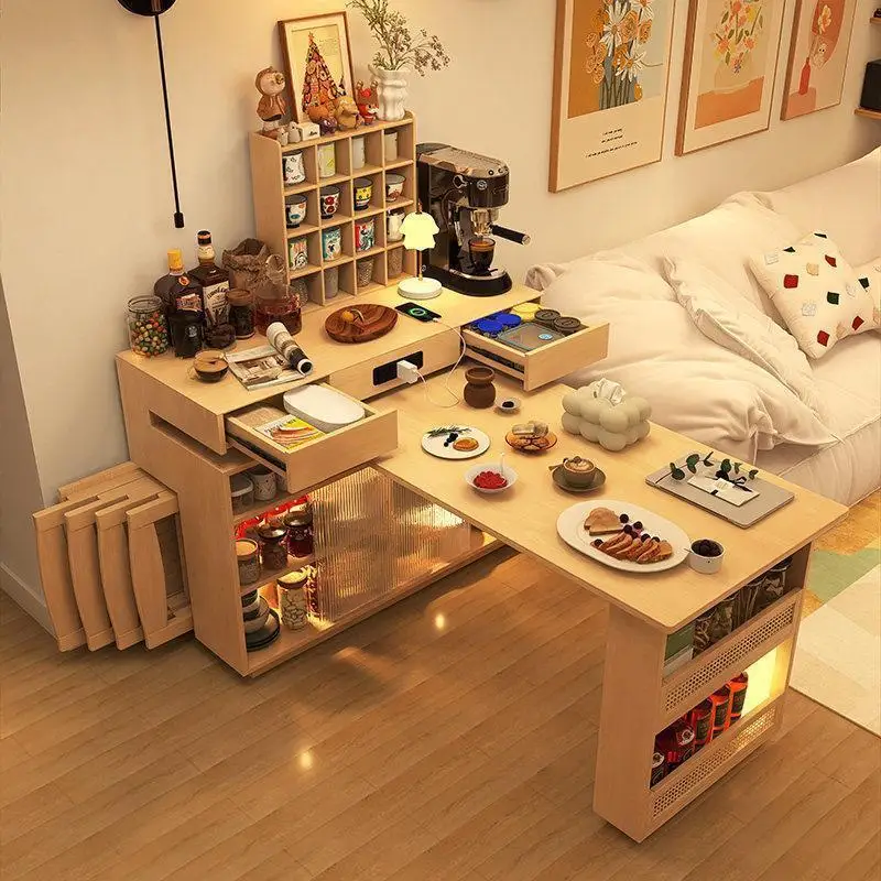 Rotating island dining table integrated, foldable side cabinet, small apartment household log wind bar table