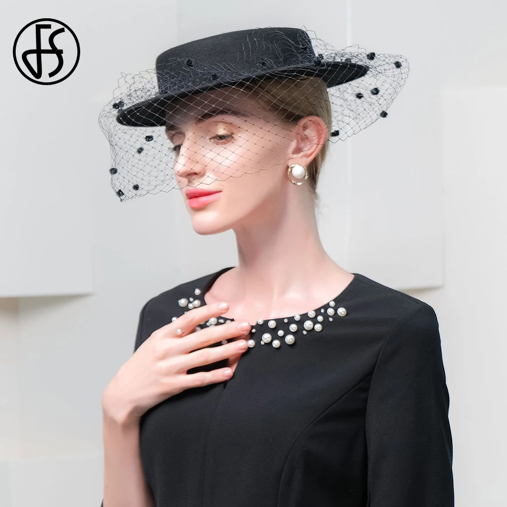 FS Female Vintage Black British Top Hats For Women With Veil Elegant Church  Formal Cap Ladies Cocktail Tea Party Millinery 2024