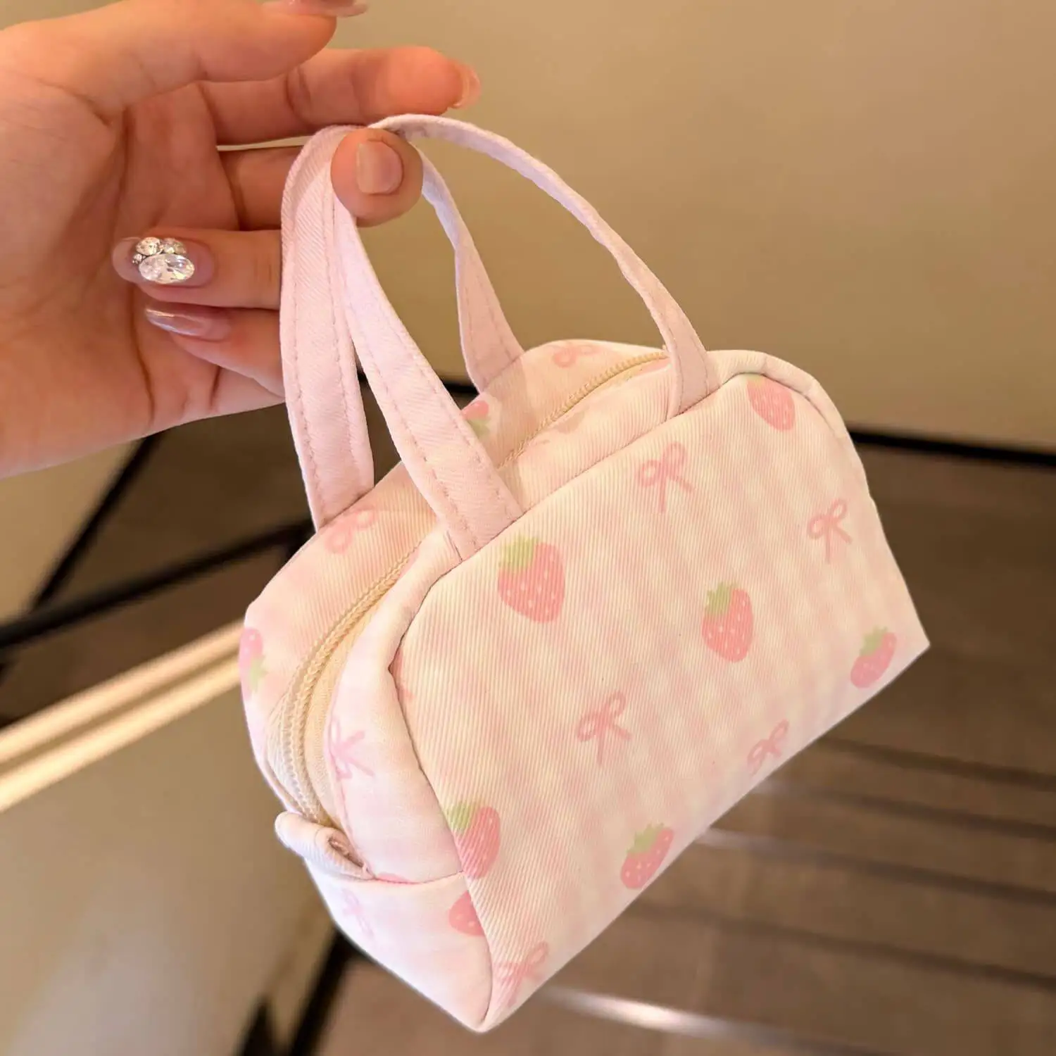Cute Pink Strawberry Print Handheld Pouch Bag, Mini Portable Canvas Makeup Bag, Small Handbag For Lipstick Coin Daily Storage