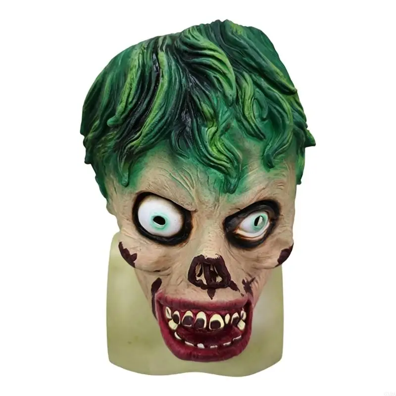 Holiday Costume Mask Full Head Undead Latex Costume With Bulging Eyes, Green Hair Contrast, and Decayed Face Detail for Party