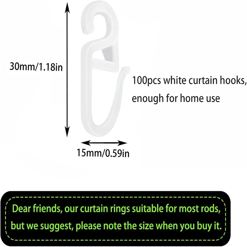 Pack of 100 Plastic Curtain Hooks, Curtain Rollers, Easy Installation for Accessories, DIY, Easy  Installation, White