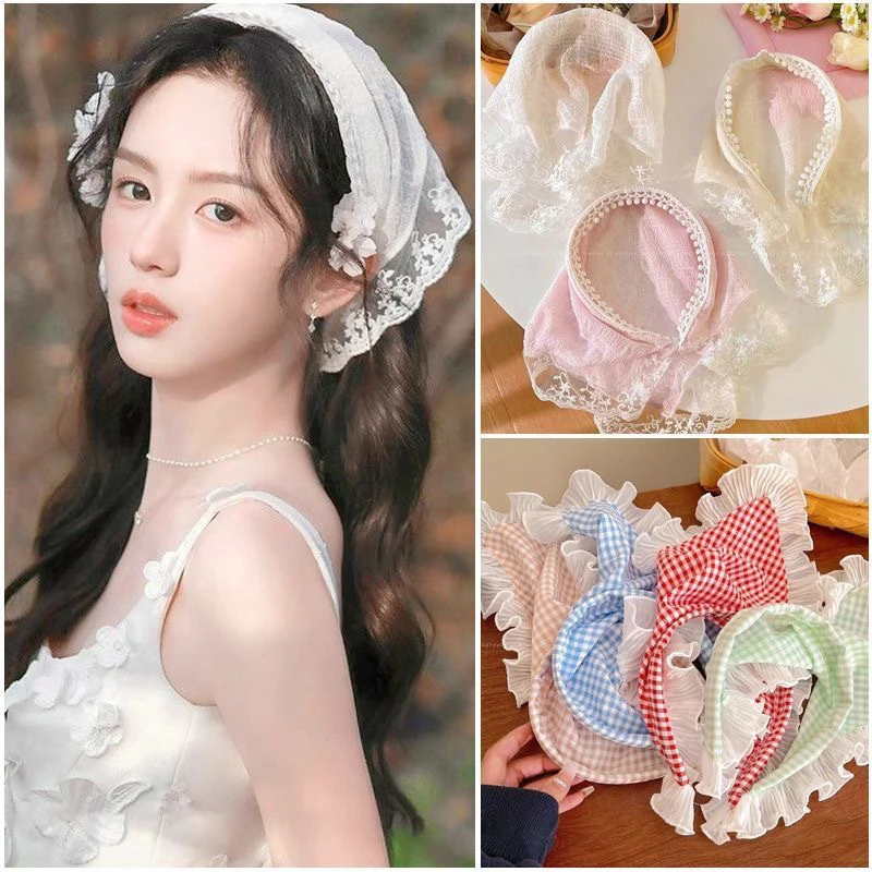 White Lace Headscarf Pastoral Style Headscarf Triangular Scarf Women Retro Headscarf Hat Travel Photo Headband Hair Accessories