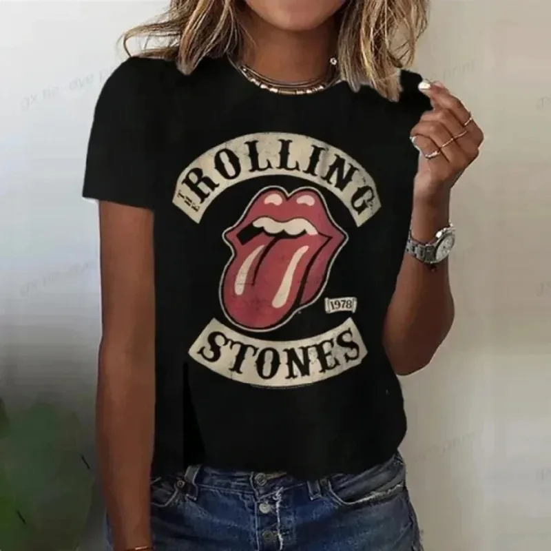 Camiseta con estampado divertido de Rolling Stones Harajuku para mujer, camiseta roja de manga corta con cuello redondo, camiseta para mujer, Tops, ropa, Camisetas 42528