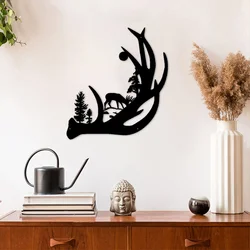 Deep Forest Deer With Natural Scenery Metal Wall Art Decor Matte Black Wall Hanging Decor For Home Bedroom Living Room Wall Deco