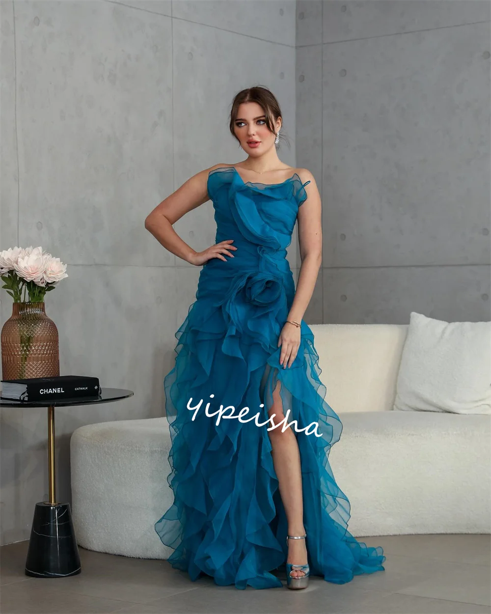 Customized    Organza Flower Pleat Celebrity A-line Strapless Bespoke Occasion Gown Long es Saudi Arabia  Dresses