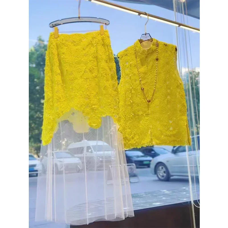 

Новый роскошный женский костюм с 3D цветочным принтом для летней вечеринки, модный однобортный жилет без рукавов + сетчатая лоскутная юбка-миди, комплект из 2 предметов