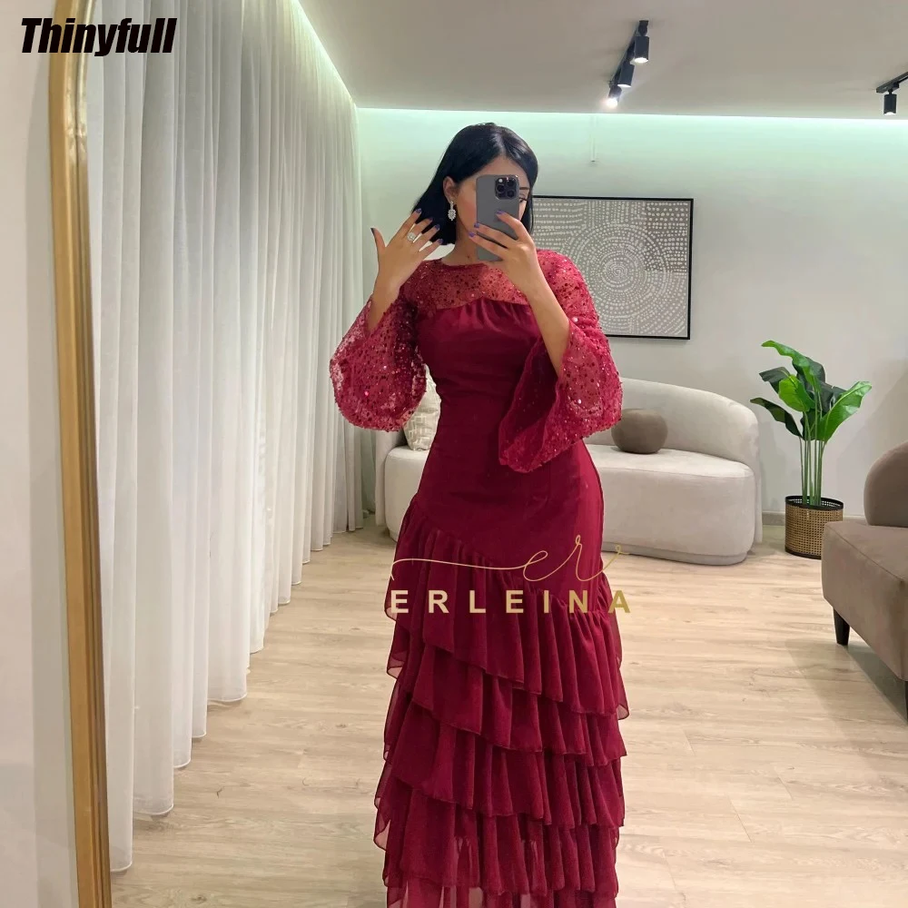 Thinyfull A-line Chiffon Prom Dresses Sequined Long Sleeves O-neck Evening Party Gown 2024 Tiered Dubai Formal Occasion Dress