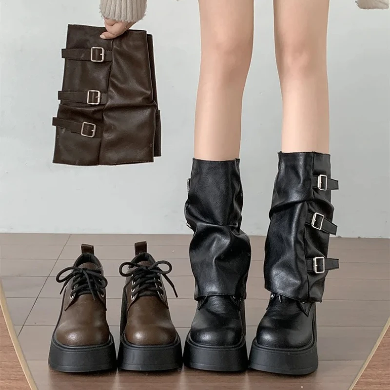 

Autumn Winter Platform Thick Sole Women Pipe Boots Fashion Slip On Dress Shoes Ladies Elegant Height Increase Mid Calf Booties