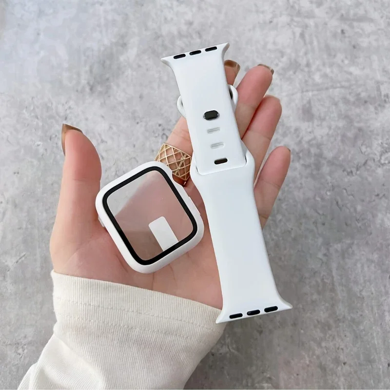 Glass+Case+band For Apple Watch bands 44mm 40mm 45mm 41-46 42mm Silicone sport bracelet iWatch series11 10 8 9 7 6 5 4 SE strap