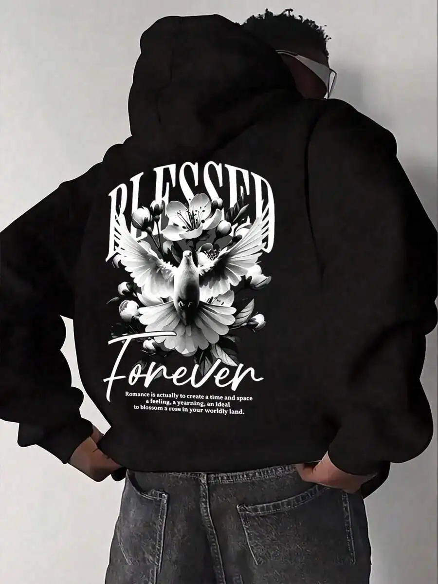 Men's Black Dove & Floral Print Hoodie, Casual Streetwear Loose Fit Pullover Sweatshirt