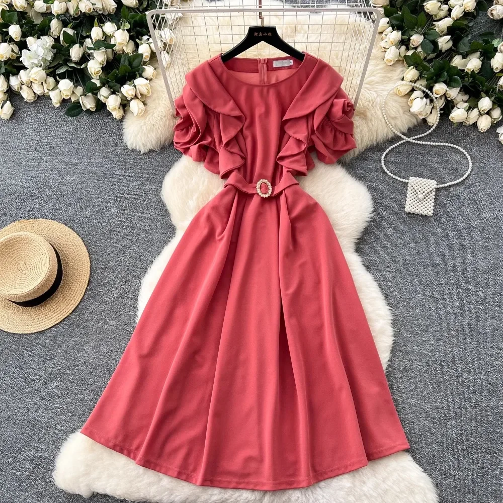 Eleganckie trójwymiarowe sukienki z krótkim rękawem Vintage O-Neck Chic Rhinestone Slim A-line Evening High Street Plus Size Clothing