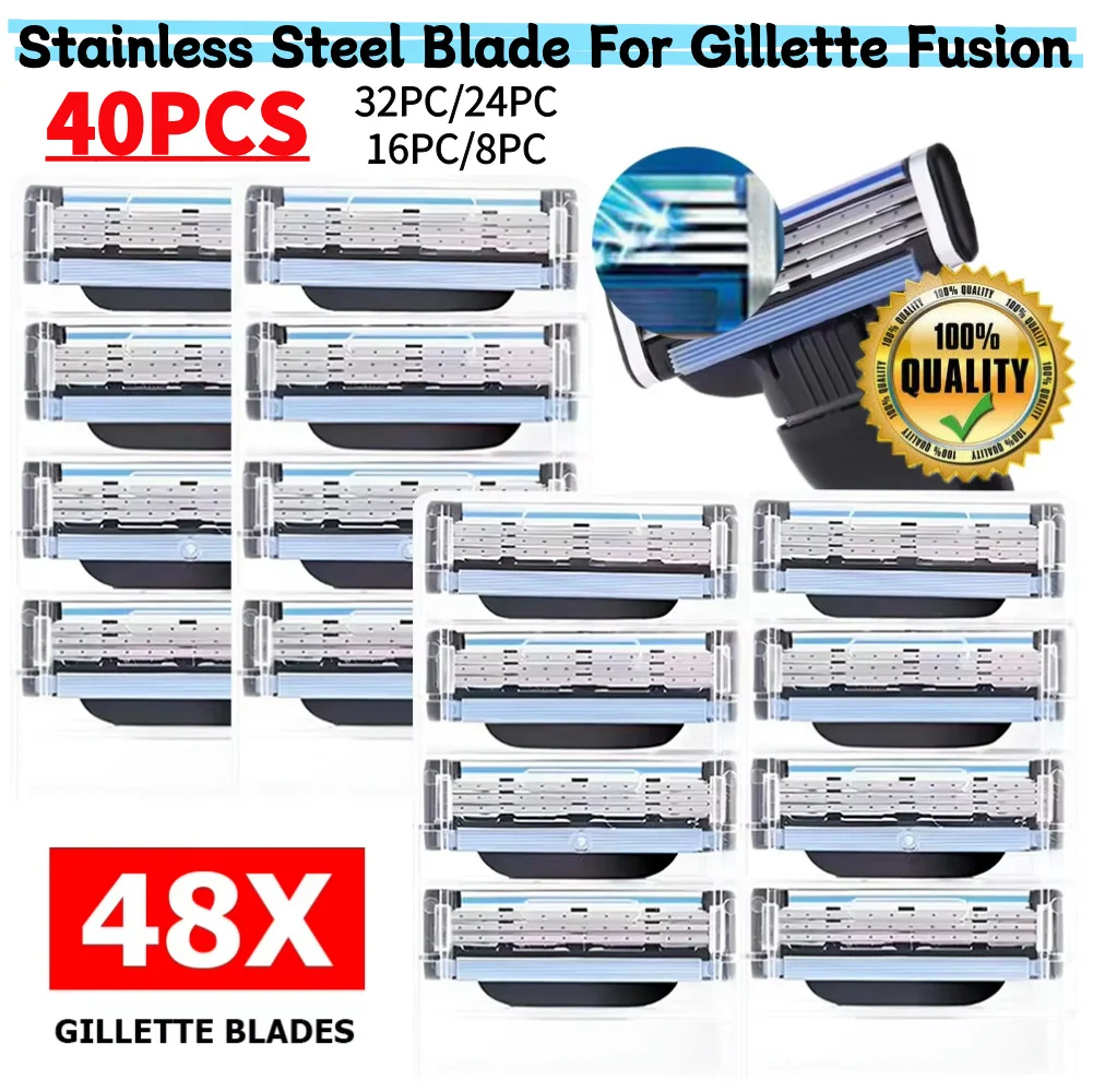 40-8pcs Stainless Steel Blade For Gillette Fusion Manual Razor Blades Replacement Refills Blades 3 Layers Shaver Cutting Head