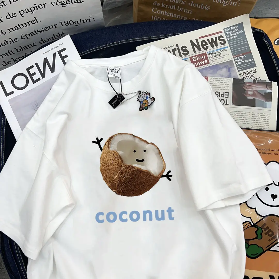 

Cute coconut pure cotton short-sleeved t-shirt for women summer new 2024 loose and versatile casual large size ins white tops