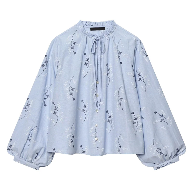 

YENKYE New Women Light Blue Floral Embroidery Print Blouse Tie Ruffled Collar Puff Sleeve Top Loose Spring 2026 Daily Wear