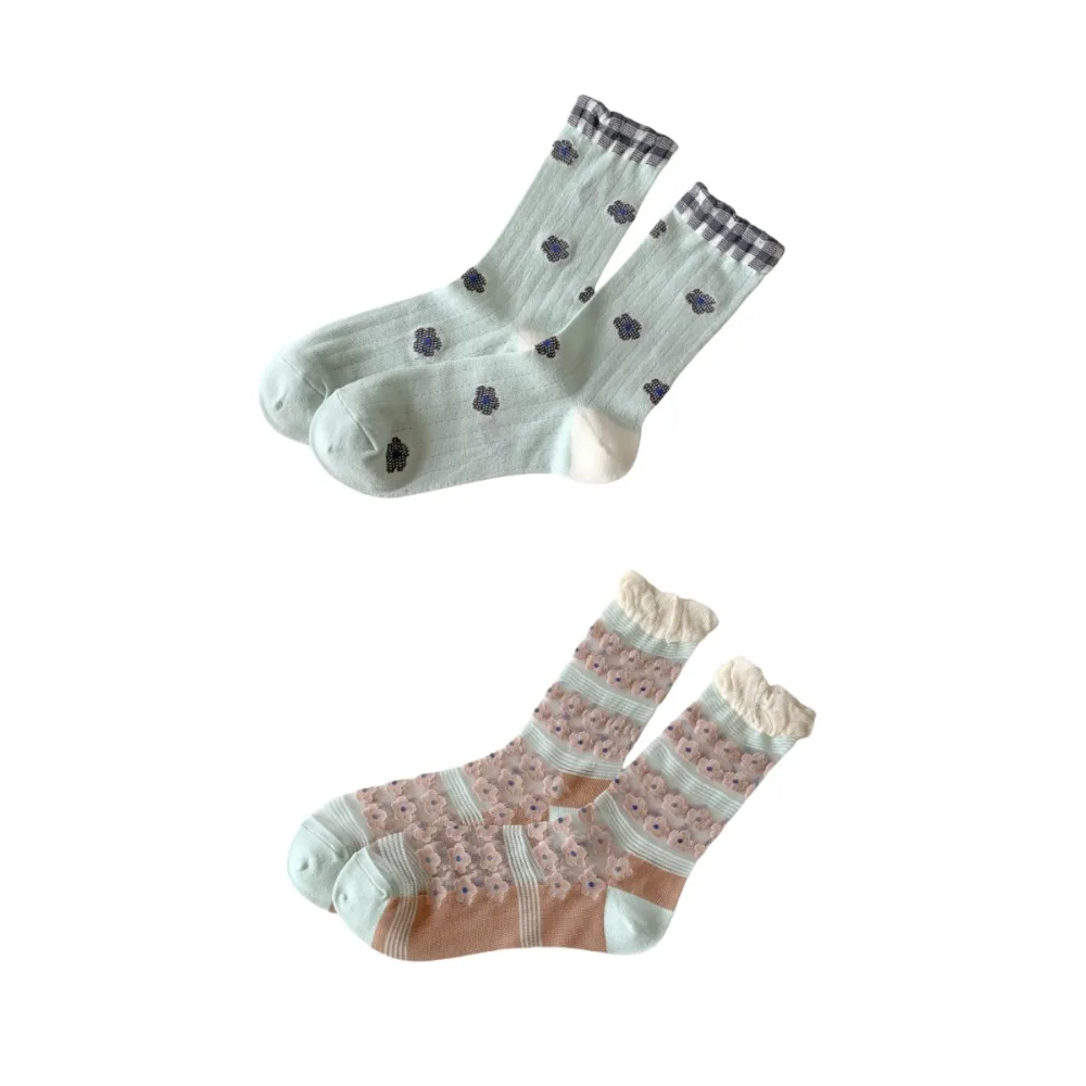 

2/3 пары милых прозрачных носков с цветочным принтом, шелковые носки-трубы в полоску с цветком и кристаллами, сетчатые тонкие носки до середины икры с рюшами, женские летние носки