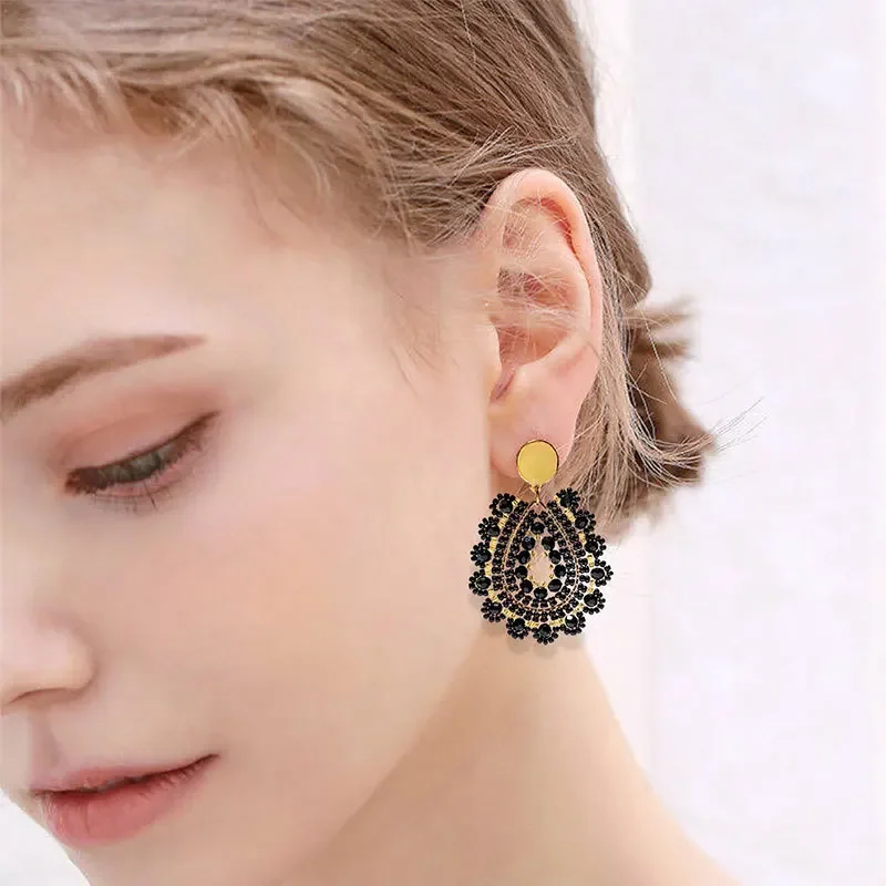 Rice bead earrings Water drop Hollow out Fashion Simple Geometry Hand knitting Bohemia Alloy Versatile Crystal Beaded earrings