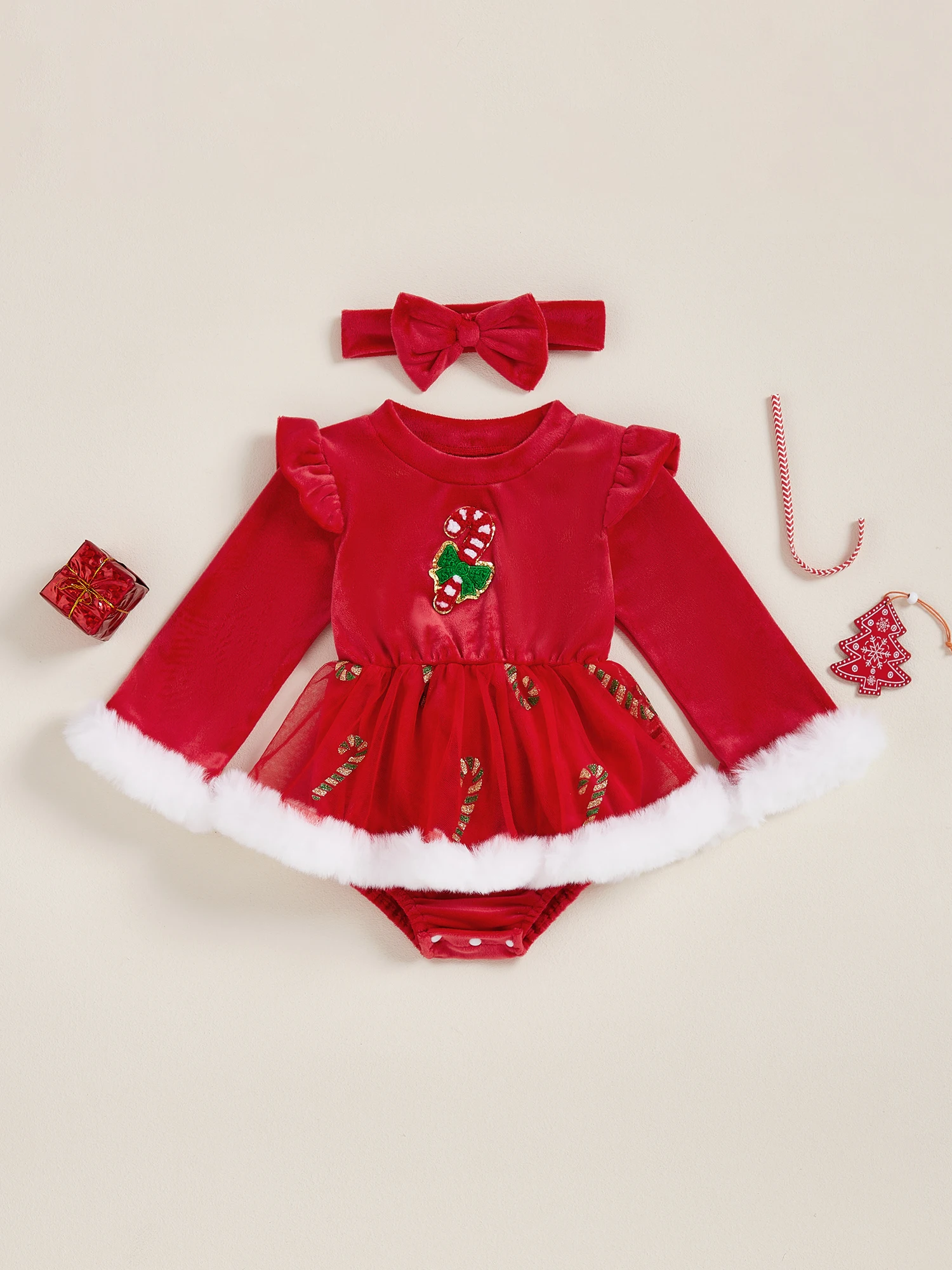 

Toddler Christmas Romper Dress with Candy Cane Embroidery and Headband Set Round Neck Long Sleeve Velvet Jumpsuit for Baby Girl