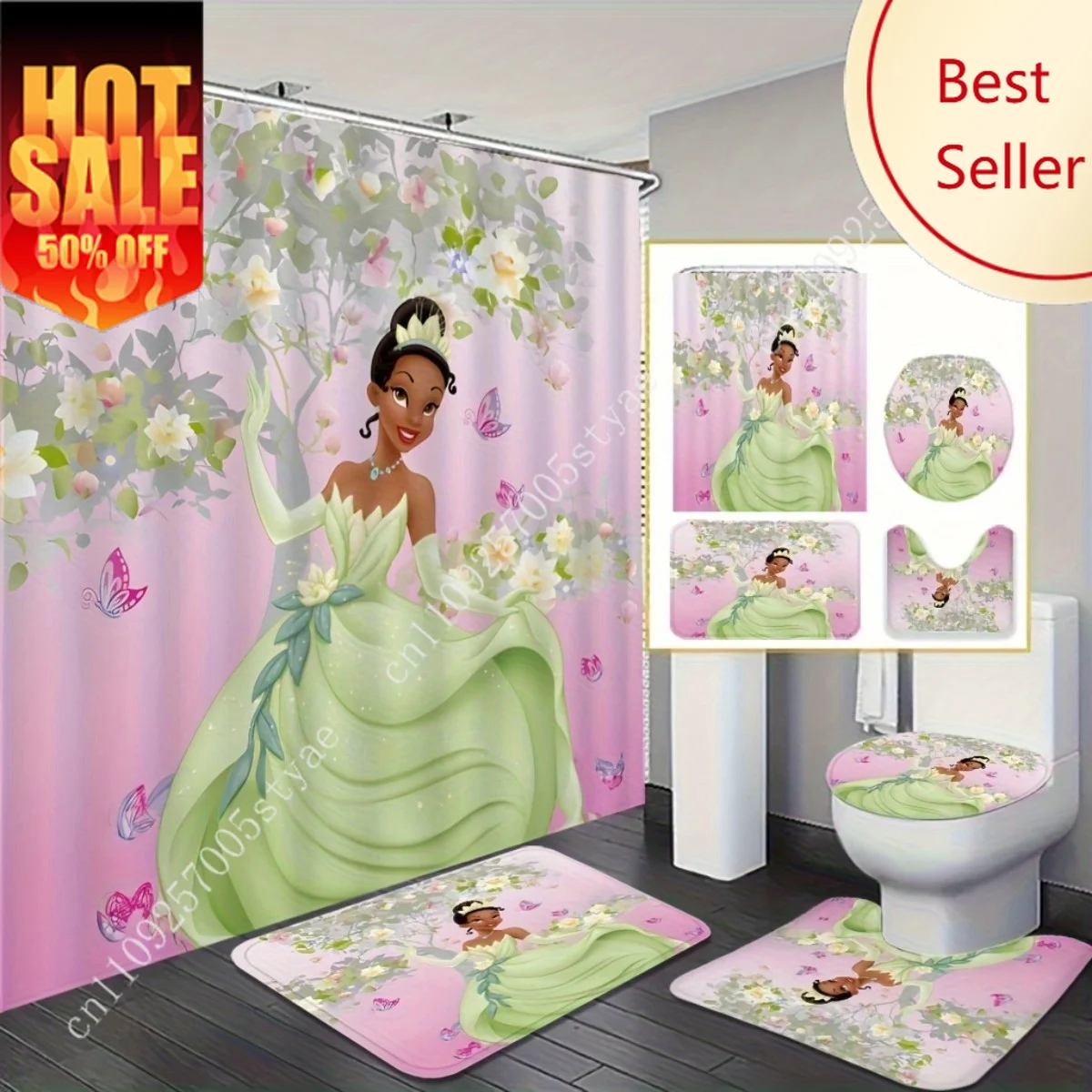 

Princess and Frog Cute Cartoon Shower Curtain Set Disney Cartoon Decoration Gifts Floor Mats Toilet Seat Cover Bathroom 4pcs