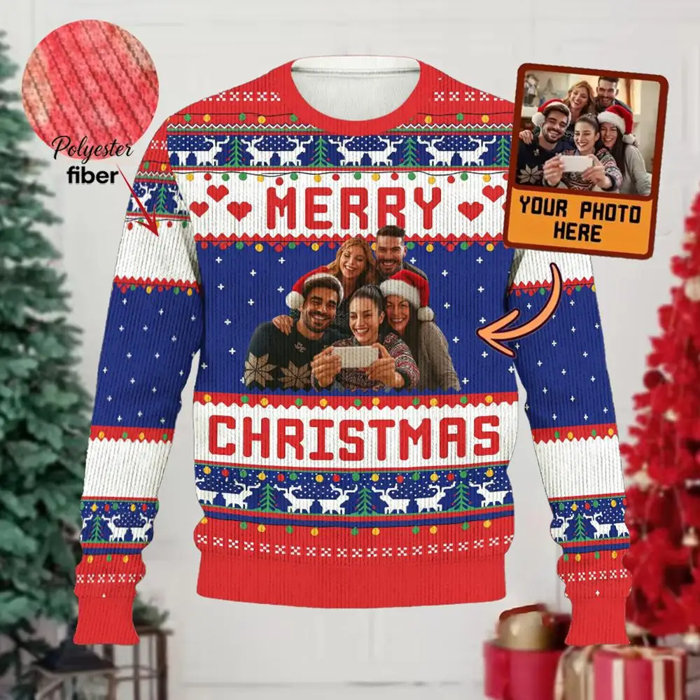 

Funny Customizable Photo Ugly Christmas Sweater Personalized DIY Face Family Pullovers 3D Printed Patterned Men/Women Gift Tops