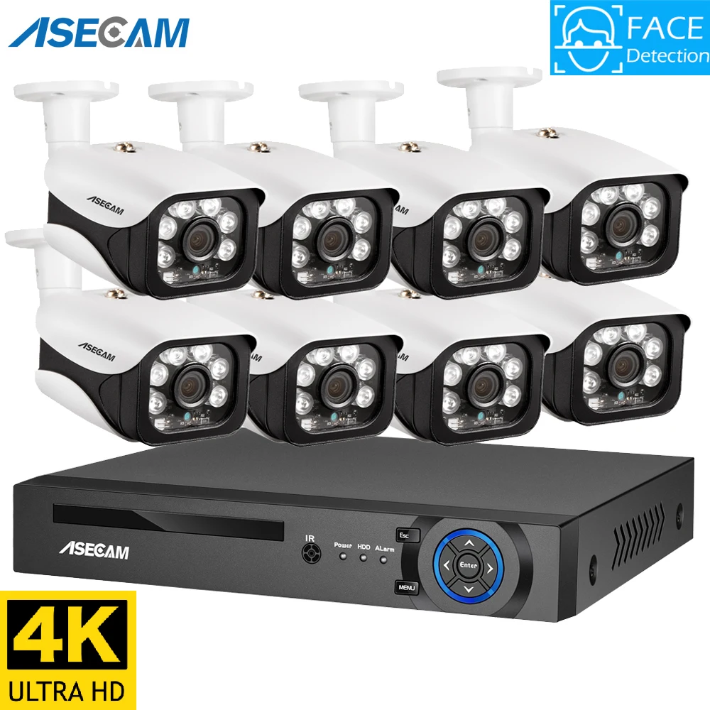 Sistema de cámaras de seguridad con detección facial, Kit de grabación de vídeo CCTV, 4K, 8MP, IA, POE, NVR, vigilancia humana para el hogar al aire