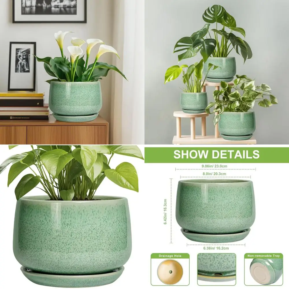 

9-дюймовый керамический горшок для растений с дренажем и блюдцем — современный круглый цветочный горшок для комнатных/наружных растений, домашнего декора и домашнего тепла