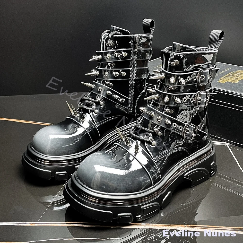 Platform Patent Leather Rivet Punk Ankle Boots Men Mixed Colors Mid-calf Boots Cosplay New Street-style Height-increasing Boots