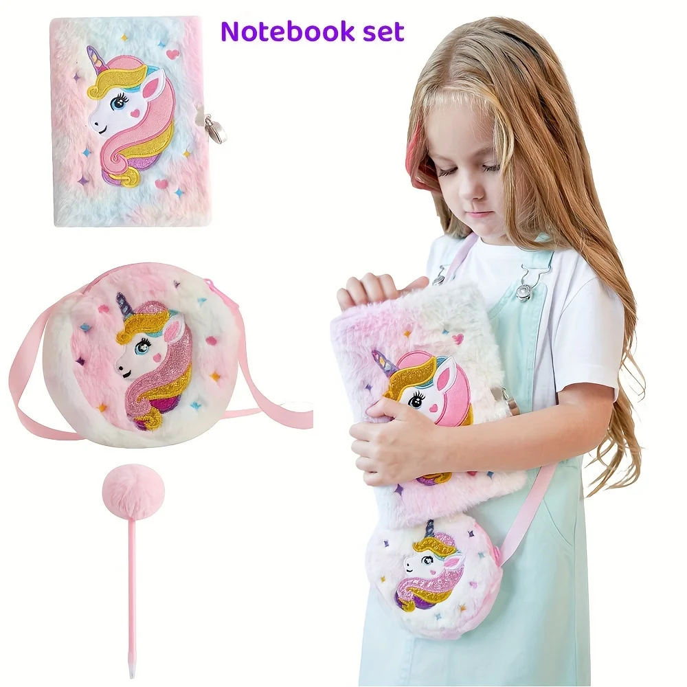 3pcs Diary Notebook SeT Plush Unicorn Stationery For Children Cartoon Notebook Crossbody Bag Plush Pen Student School Supplies