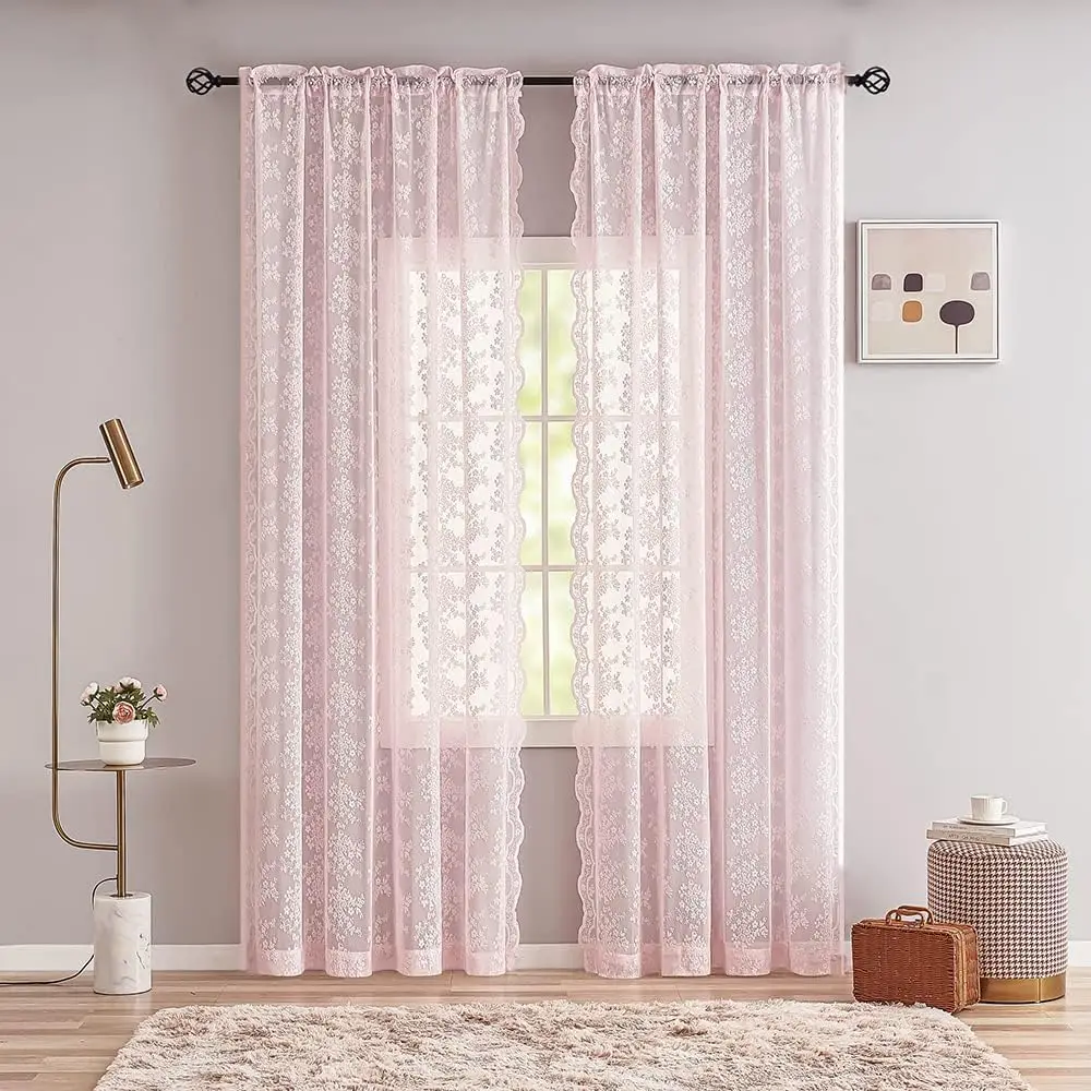 

2 Panels Pink Lace Curtain Sets for Girls Bedroom Floral Curtain Rod Pocket Light Filtering Voile Panels French Country Curtain